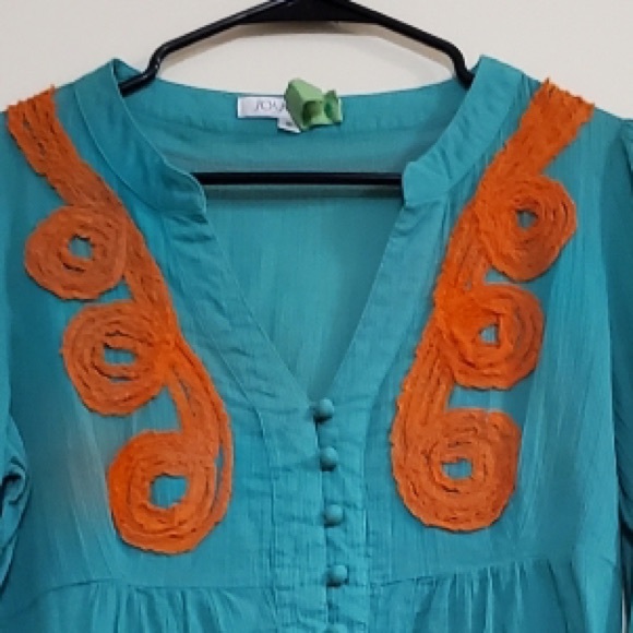 Lovely JoyJoy thin long sleeve teal with orange embroidery size S - Picture 3 of 4